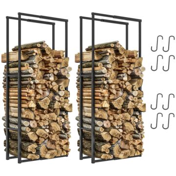 Outsunny Firewood Log Rack Set Of 2, Retractable Metal Wood Store Holder, Indoor Outdoor Fireplace Log Storage Shelf With Hooks, 65 X 25 X 150 Cm, Black