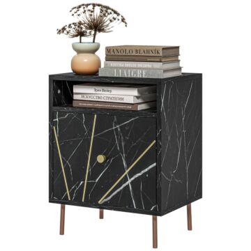 Homcom Marble Effect Bedside Table, Modern Side Table With Drawer, Open Shelf And Gold Tone Metal Legs For Bedroom, Black