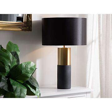 Table Lamp Bedside Light Grey Round Base Black Fabric Round Drum Shade Beliani