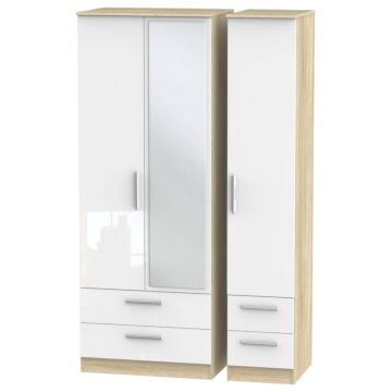 Contrast Tall Triple 2 Drawer Mirror + Drawer Wardrobe In White & Bardolino Oak