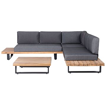 Corner Sofa Garden Set Grey And Light Wood 5 Seater Low Seat With Coffee Table Beliani
