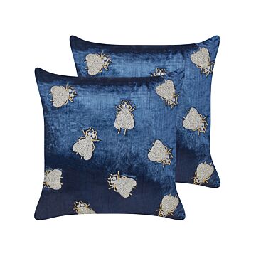Set Of 2 Scatter Cushions Navy Blue And Silver Velvet 45 X 45 Cm Square Handmade Throw Pillows Embroidered Flies Pattern Removable Cover Beliani