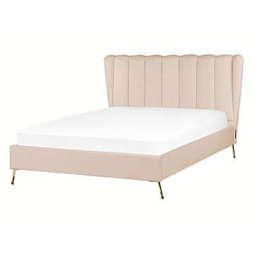 Bed Frame Beige Velvet Upholstery Golden Metal Legs Eu Double Size 4ft6 With Usb Port Headboard Modern Glam Bedroom Beliani