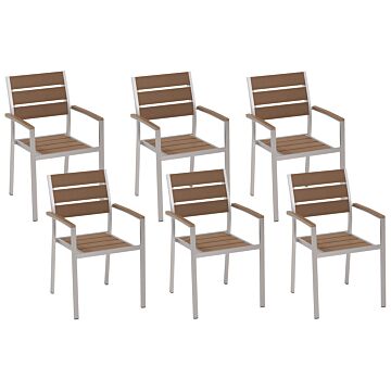 Set Of 6 Garden Dining Chairs Light Wood And Silver Plastic Wood Slatted Back Aluminium Frame Outdoor Chairs Set Beliani