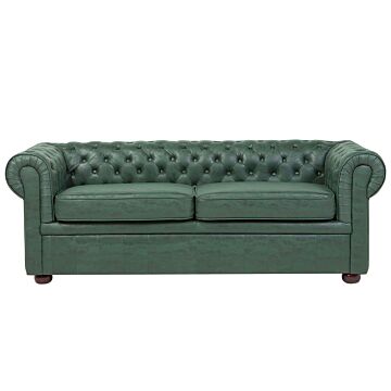 Chesterfield Sofa Green Faux Leather Upholstery Dark Wood Legs 3 Seater Contemporary Beliani