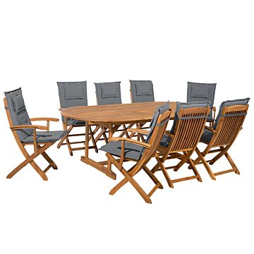 Outdoor Dining Set Light Acacia Wood With Dark Grey Cushions 8 Seater Table Folding Chairs Rustic Design Beliani