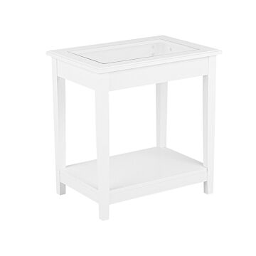Side Table White Mdf 60 X 57 X 40 Cm With Glass Top One Shelf Bedside Table Beliani