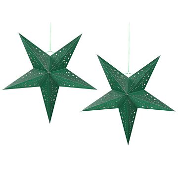 Set Of 2 Star Lanterns Green Glitter Paper 60 Cm Hanging Christmas Home Decororation Seasonal Festive Beliani