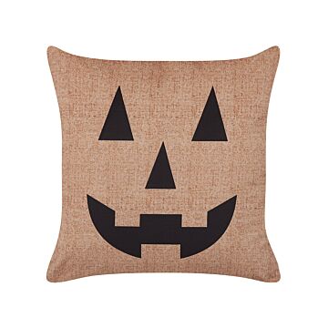 Decorative Cushion Beige Velvet 45 X 45 Cm Jack-o-lantern Pattern Square Modern Halloween Decor Accessories Beliani