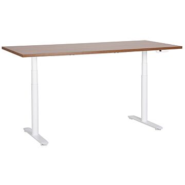 Electrically Adjustable Desk Dark Wood Tabletop White Steel Frame 180 X 72 Cm Sit And Stand Round Feet Modern Design Beliani