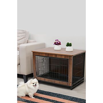 Double Doors Wooden Wire Dog Crate Pet Cage Dog Kennel Furniture Indoor Removable With Locked Furniture Style Brown