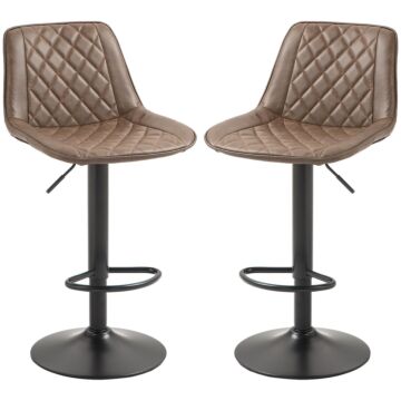 Homcom Bar Stools Set Of 2, Retro Adjustable Kitchen Stool, Swivel Pu Leather Upholstered Bar Chairs With Back, Footrest And Steel Base, Brown