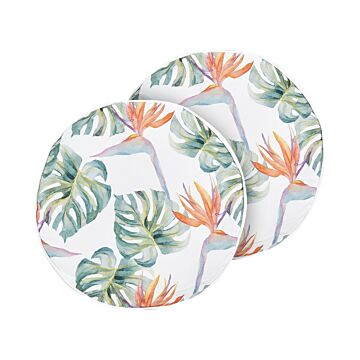 Set Of 2 Garden Cushions Multicolour Polyester ⌀ 40 Cm Round Monstera Leaf Pattern Motif Modern Design Throw Scatter Pillow Beliani