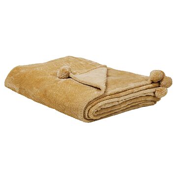 Blanket Yellow Throw 150 X 200 With Pom Poms Soft Coverlet Beliani