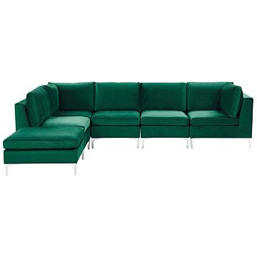 Right Hand Modular Corner Sofa Green Velvet 5 Seater With Ottoman L-shaped Silver Metal Legs Glamour Style Beliani