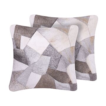 Set Of 2 Decorative Cushions Grey Cowhide Leather Patchwork 45 X 45 Cm Country Modern Decor Accessories Beliani