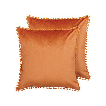 Set Of 2 Scatter Cushions Orange Velvet 45 X 45 Cm With Mini Pom Poms Chair Cushion Glam Retro Beliani