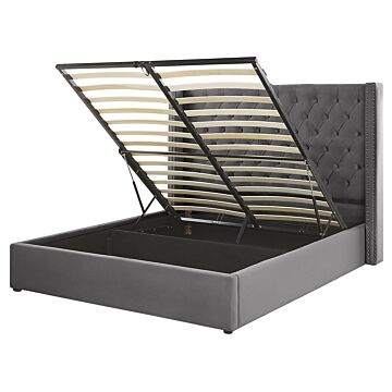 Bed Frame With Storage Grey Velvet Upholstered 5ft3 Eu King Size High Headboard Beliani