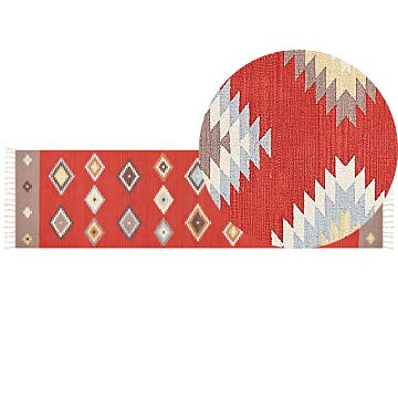 Kilim Runner Rug Multicolour Cotton 80 X 300 Cm Low Pile Geometric Pattern Rectangular Traditional Beliani