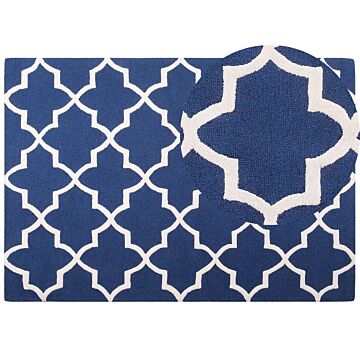 Area Rug Blue Wool 160 X 230 Cm Trellis Quatrefoil Pattern Hand Tufted Oriental Moroccan Clover Beliani