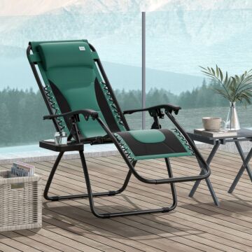 Outsunny Foldable Reclining Garden Chair, Zero Gravity Chair With Padded Seat, Cup Holder, Adjustable Backrest, Pillow For Outdoor, Patio, Deck, Green