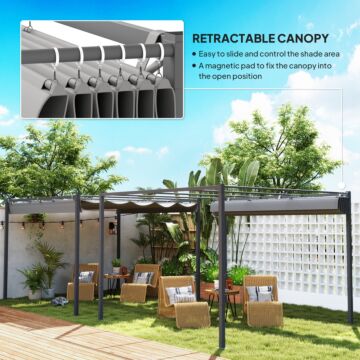 Outsunny 3 X 3(m) Garden Pergola With Retractable Roof And Magnetic Fixture, Outdoor Pergola Kit Sun Shade Canopy, Upf30+, Grey