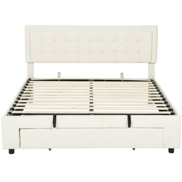 Homcom King Size Ottoman Bed Frame, With Front Drawer - Cream