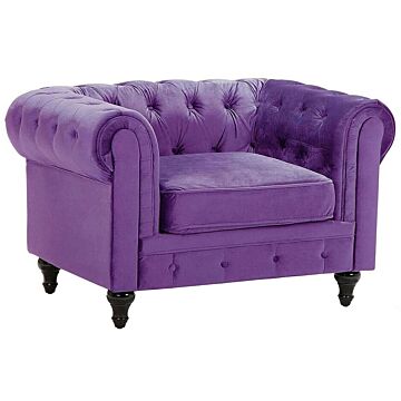 Chesterfield Armchair Purple Velvet Fabric Upholstery Dark Wood Legs Contemporary Beliani