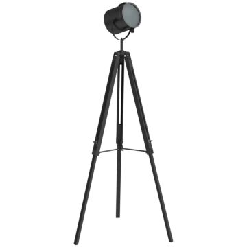 Homcom Industrial Tripod Floor Lamp, Nautical Searchlight With Adjustable Height, Wood Legs, E14 Lamp Base For Living Room, Bedroom, Black
