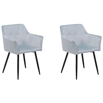 Set Of 2 Dining Chairs Grey Velvet Upholstered Seat With Armrests Black Metal Legs Beliani