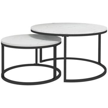 Homcom Industrial Nesting Coffee Table Set Of 2, Round Coffee Tables, Living Room Table With Faux Marbled Top And Steel Frame