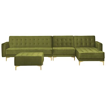 Corner Sofa Bed Green Velvet Tufted Fabric Modern L-shaped Modular 5 Seater With Ottoman Left Hand Chaise Longue Beliani