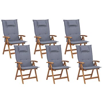 Set Of 6 Garden Chairs Light Acacia Wood With Blue Cushions Folding Feature Uv Resistant Rustic Style Beliani