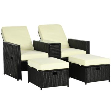 Outsunny 5pc Pe Rattan Sun Lounger, Outdoor Wicker 5-level Adjustable Recliner Sofa Bed With Storage Side Table, Footstools, For Patio, Garden, Black
