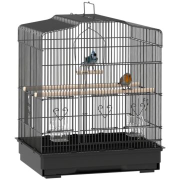 Pawhut Large Metal Bird Cage With Stand, Perches, Food Bowls, Swing For Budgie, Parakeet, 46.5 X 36 X 59cm, Black