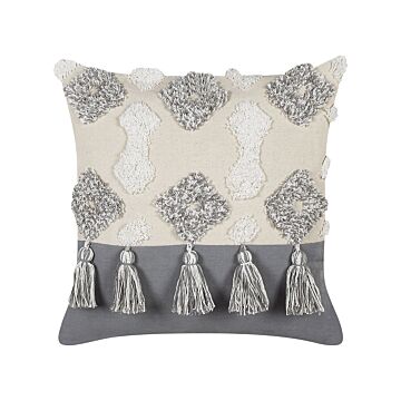 Decorative Cushion White And Grey Cotton 45 X 45 Cm With Tassels Diamond Pattern Beliani