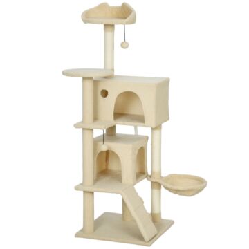 Pawhut 140cm Large Cat Tree Tower With Sisal Scratching Posts, Condos, Plush Perches, Hammock, Ladder, Beige