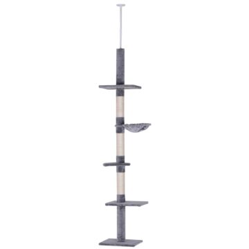 Pawhut Cats Floor To Ceiling Scratching Post W/ 5-tier Plush Leisure Platforms Grey