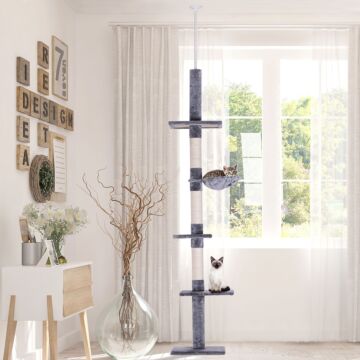 Pawhut Cats Floor To Ceiling Scratching Post W/ 5-tier Plush Leisure Platforms Grey