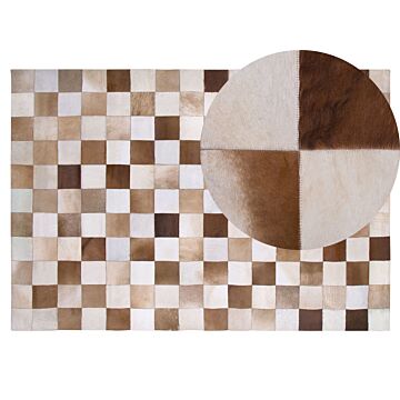 Area Rug Carpet Brown And Beige Leather Chequered 140 X 200 Cm Rustic Country Beliani