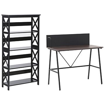 Home Office Set Desk Bookcase Dark Wood And Black Chipboard Mdf Steel Legs Shelves Modern Living Room Study Beliani
