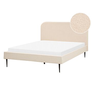Bed Beige Boucle Upholstery Eu Double Size 4ft6 Headboard Slatted Base Frame Black Legs Minimalist Design Beliani