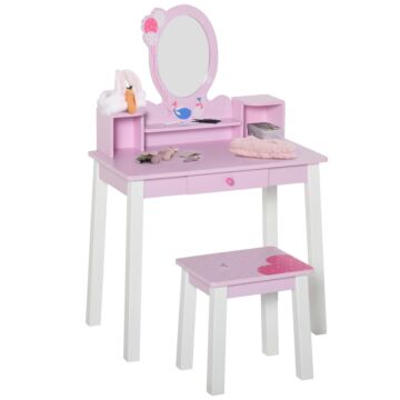 Homcom 2 Pcs Kids Wooden Dressing Table And Stool Girls Vanity Table Makeup Table Set With Mirror Drawers Role Play For Toddlers 3 Year+, Pink White