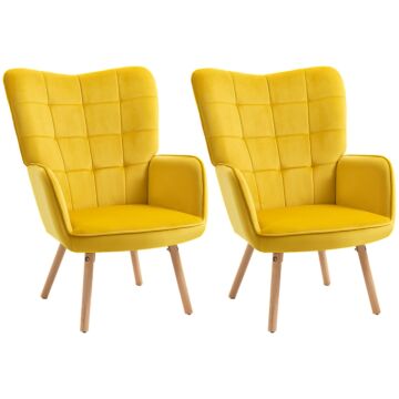 Homcom Modern Accent Chair Velvet-touch Tufted Wingback Armchair Upholstered Leisure Lounge Sofa Club Chair With Wood Legs, Set Of 2, Yellow