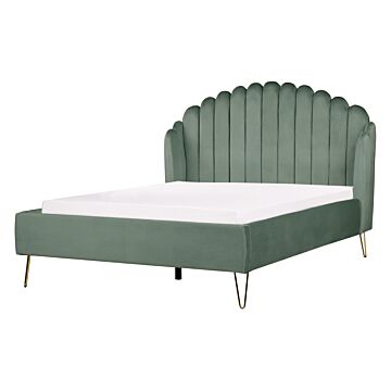 Bed Frame Green Velvet Upholstery Eu Double Size 4ft6 Metal Legs Retro Design Chanell Shell Headboard Beliani