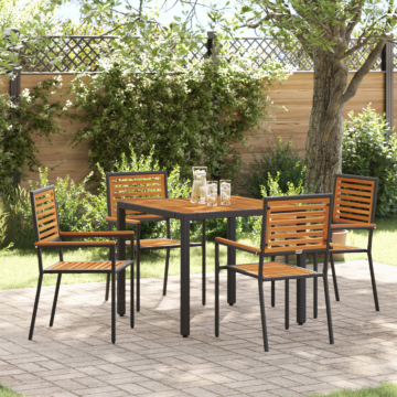 Vidaxl 5 Piece Garden Dining Set Black Poly Rattan Acacia, Vidaxl Stacking Garden Chairs With Cushions 2 Pcs Black Poly Rattan