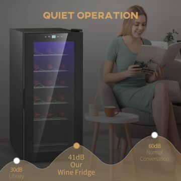 Homcom Freestanding Wine Fridge, 35cm Wide Undercounter Wine Cooler Fridge With Temperature Control, Digital Touch Screen, Led Light, Glass Door, 18 Bottles, 50 Litre Capacity, Black