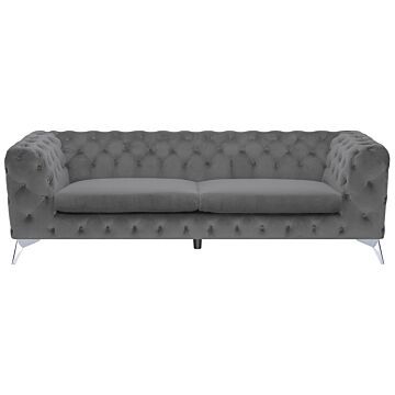 3 Seater Sofa Grey Velvet Chesterfield Style Low Back