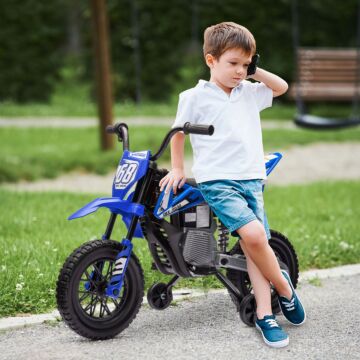 Aiyaplay 12v Kids Electric Motorbike, Kids Electric Ride On Motorcycle W/ Twist Grip Throttle, Training Wheels - Blue