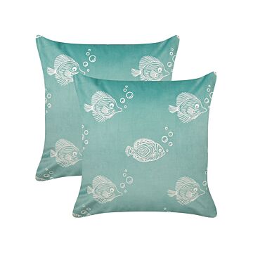 Set Of 2 Scatter Cushions Green Velvet Polyester Fabric Fishes Pattern 45 X 45 Cm Pillows For Kids Beliani